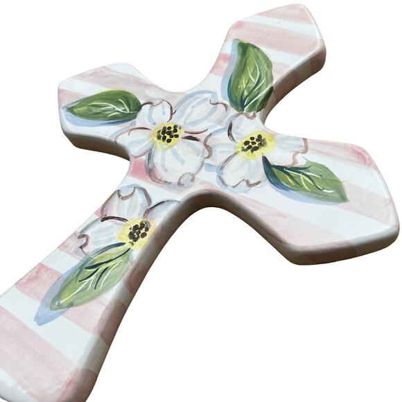 CERAMIC CROSS with Dogwood Blossoms & Pink Stripes/Wall Art Ready to Hang - Picture 9 of 10